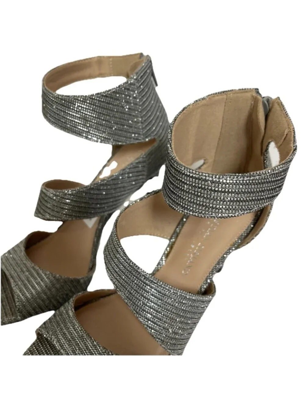 Christian Siriano Heels Silver Sparkle Wrap Ankle Open Toe Shoes